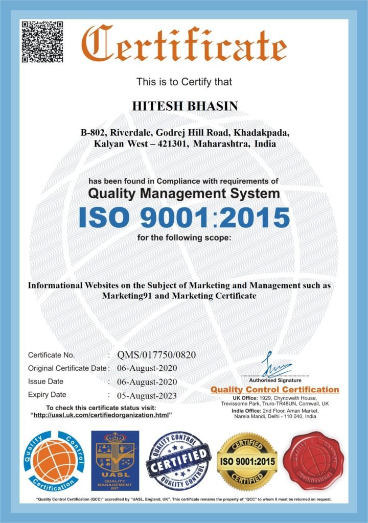 ISO Certification for Hitesh Bhasin Marketing91 and Marketing Certificate